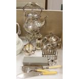 A silver plated tea kettle on stand with burner, 54cm high, and a small quantity of other plated