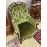 A Victorian mahogany spoonback armchair, width 88cm, depth 80cm, height 94cm