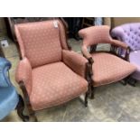 A late Victorian mahogany armchair together with a matching tub framed elbow chair