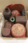 A quantity of Chinese cinnebar lacquer and simulated lacquer boxes, vases, etc.