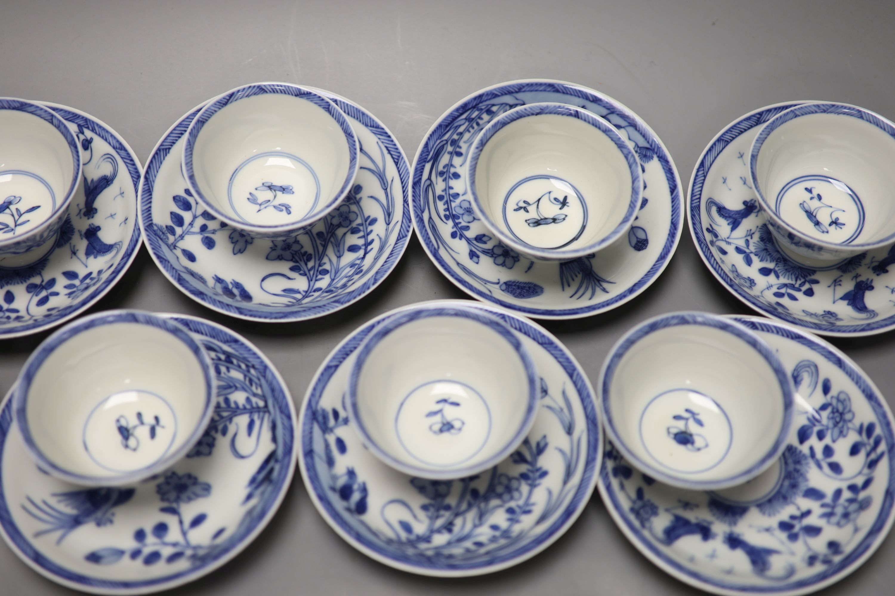 Five Chinese blue and white 'birds' tea bowls and four saucers and three 'chicken' tea bowls and - Image 7 of 8
