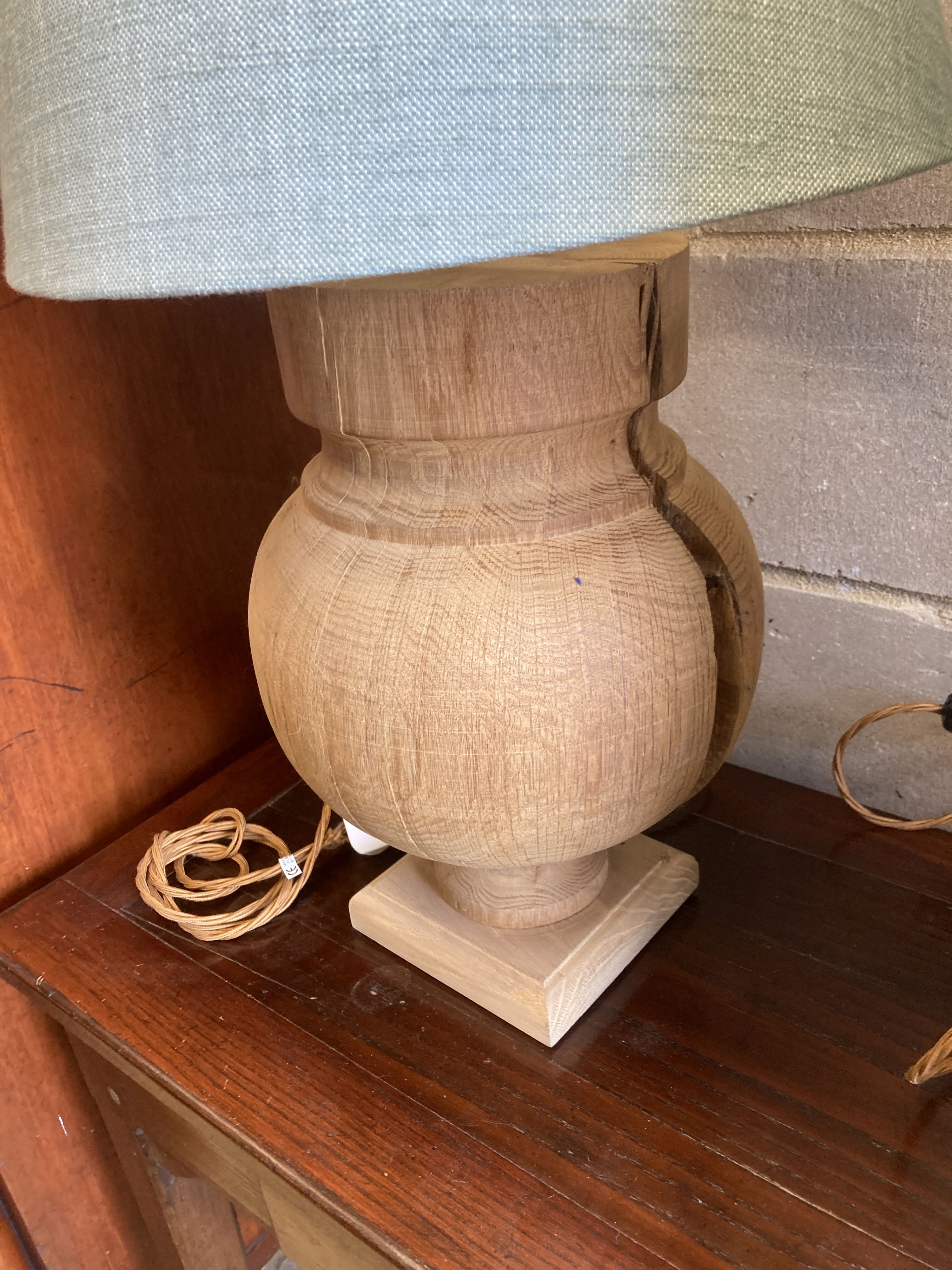 A pair of contemporary turned oak table lamps with shades, height 70cm - Image 2 of 4