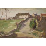 Elizabeth Armstrong, oil on board, Hillside cottages, signed, 17 x 25cm