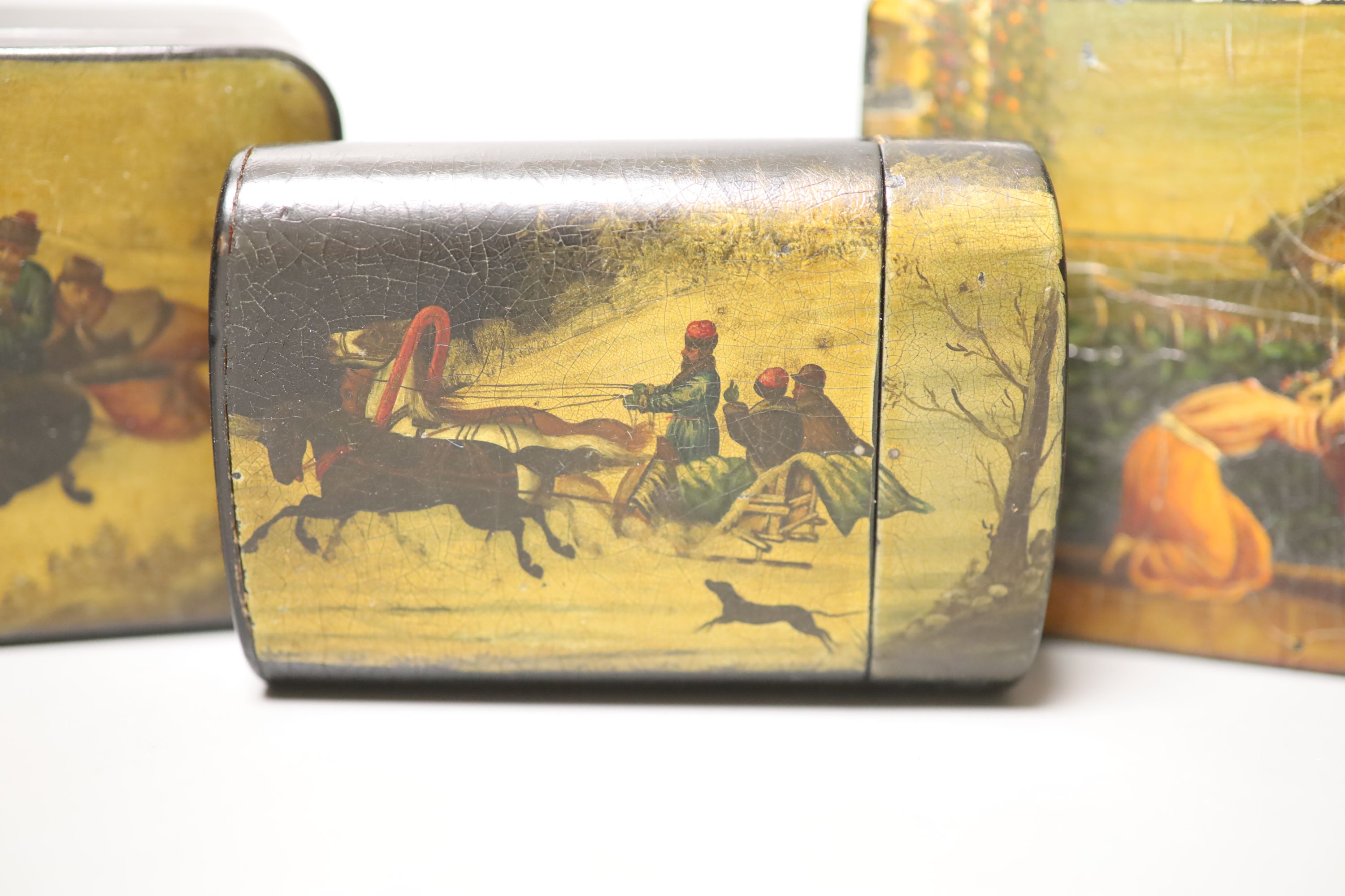 Two Russian papier mache boxes painted with troika and two related items, largest 17 x 5cm - Image 3 of 6