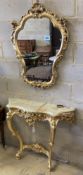 An 18th century style onyx topped gilt console table, width 94cm, depth 29cm, height 87cm with