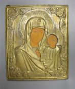 A 20th century Russian pressed metal Icon, the Madonna and child with painted detail, 31 x 26cm