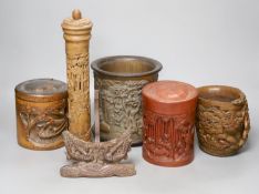 Three Chinese carved bamboo brushpots, largest 16cm diameter 17cm high, together with a carved