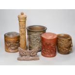 Three Chinese carved bamboo brushpots, largest 16cm diameter 17cm high, together with a carved