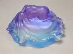 A blue and lilac glass dish with a kneeling nude, apocryphal Daum mark 18cm long