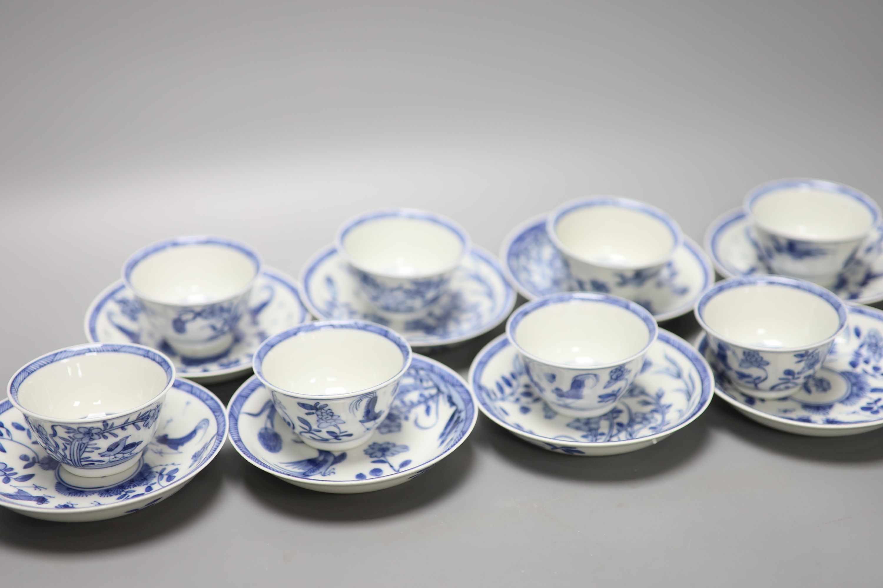 Five Chinese blue and white 'birds' tea bowls and four saucers and three 'chicken' tea bowls and - Image 2 of 8