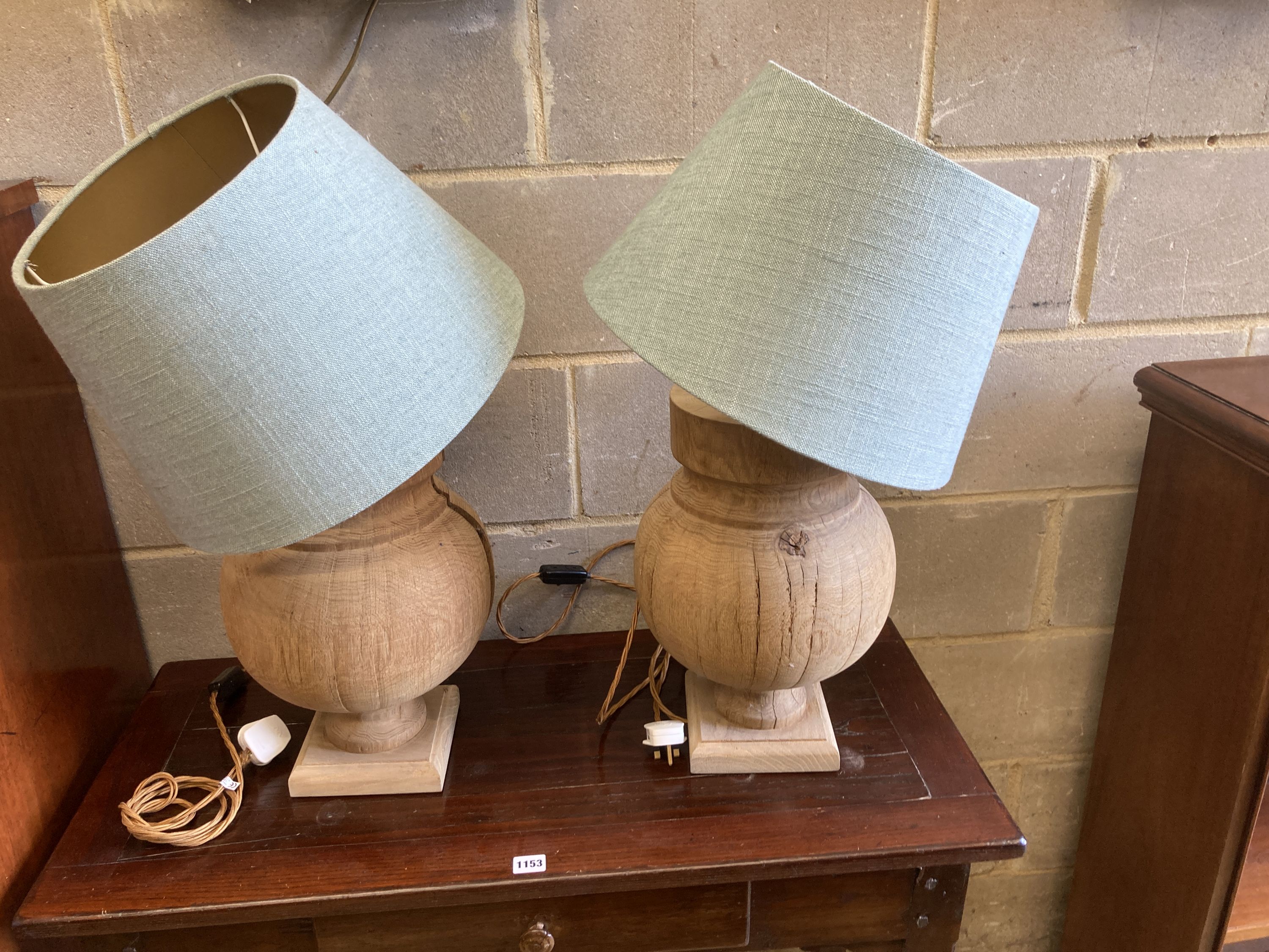 A pair of contemporary turned oak table lamps with shades, height 70cm - Image 4 of 4