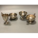 Two George V silver cream jugs and two similar silver sugar bowls,10.5 oz.