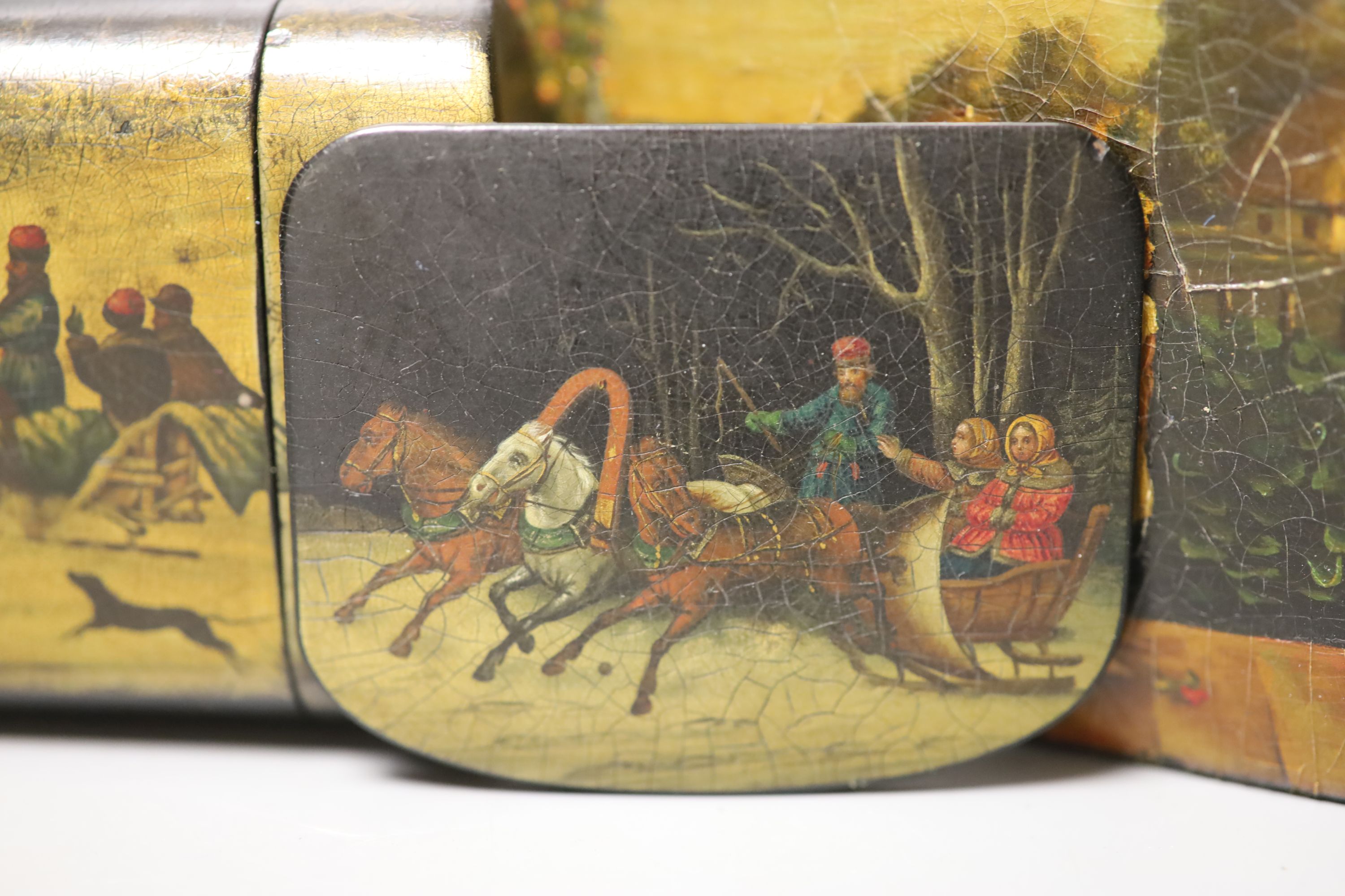 Two Russian papier mache boxes painted with troika and two related items, largest 17 x 5cm - Image 5 of 6