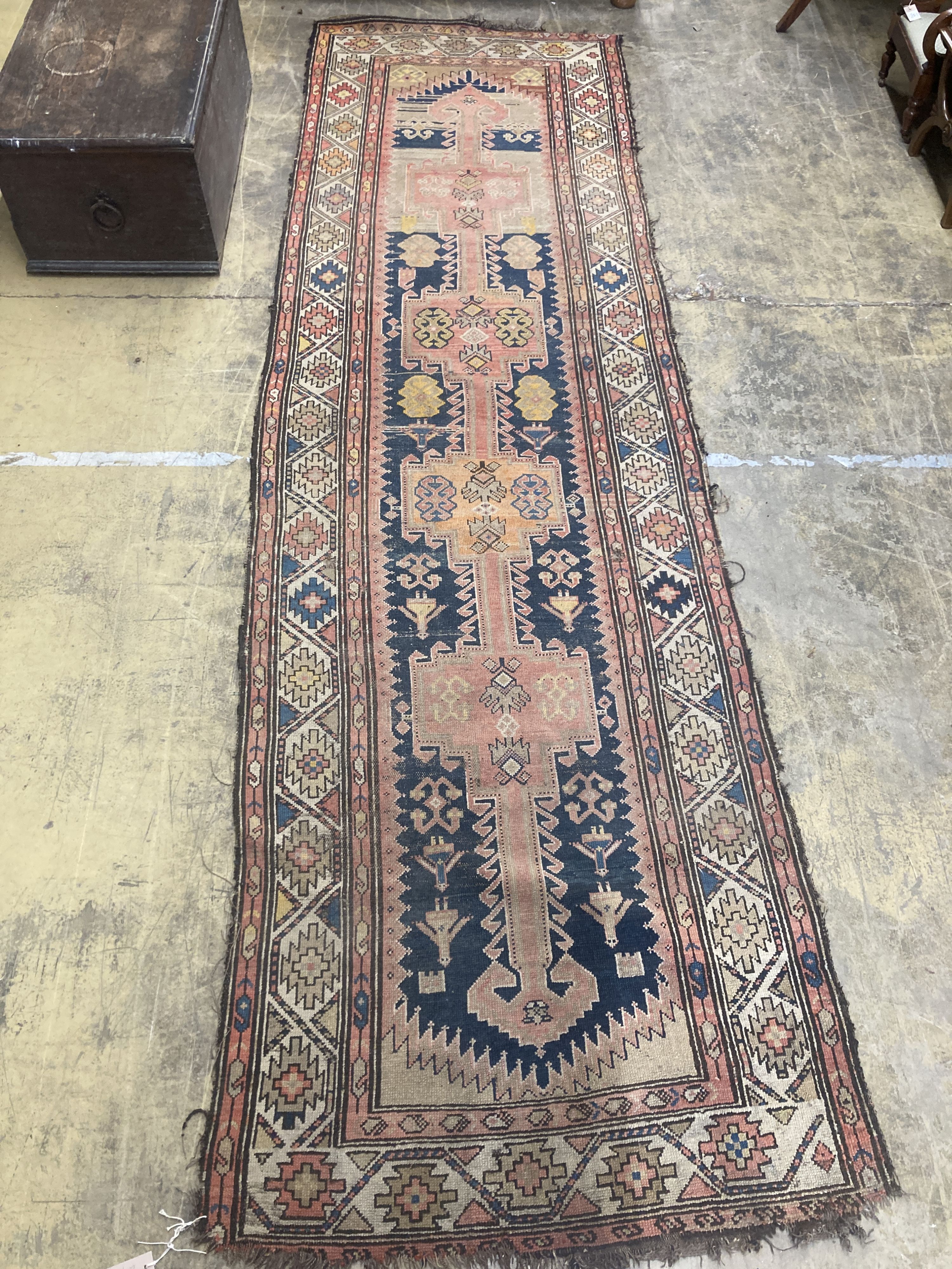 A Caucasian Kazak style blue ground runner, 365 x 106cm