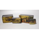 Two Russian papier mache boxes painted with troika and two related items, largest 17 x 5cm