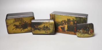 Two Russian papier mache boxes painted with troika and two related items, largest 17 x 5cm
