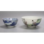 A Chinese blue and white footed porcelain bowl, Kangxi mark to underside, c1900, 12cm diameter 6cm