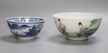 A Chinese blue and white footed porcelain bowl, Kangxi mark to underside, c1900, 12cm diameter 6cm