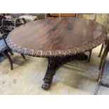 A George IV circular rosewood tilt top breakfast table, 138cm diameter, height 72cm
