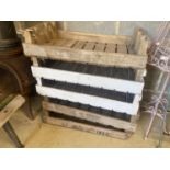 Five vintage wood fruit crates, width 75cm, height 46cm