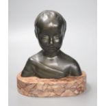 An early 20th century Continental bronze bust of a young girl, on a polished red marble base, 17cm