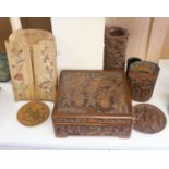 A quantity of 20th century Chinese carved bamboo and wooden effects to include a large brush pot,