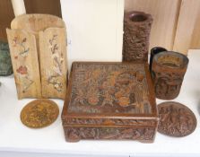 A quantity of 20th century Chinese carved bamboo and wooden effects to include a large brush pot,