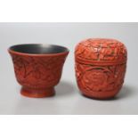 A Japanese red lacquer natsume, 7cm high, and matching tea cup