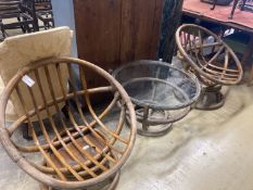 A pair of 1970's Angraves bamboo chairs and an occasional table, 76cm diameter