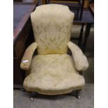 A Victorian upholstered open armchair, width 70cm, depth 76cm, height 94cm