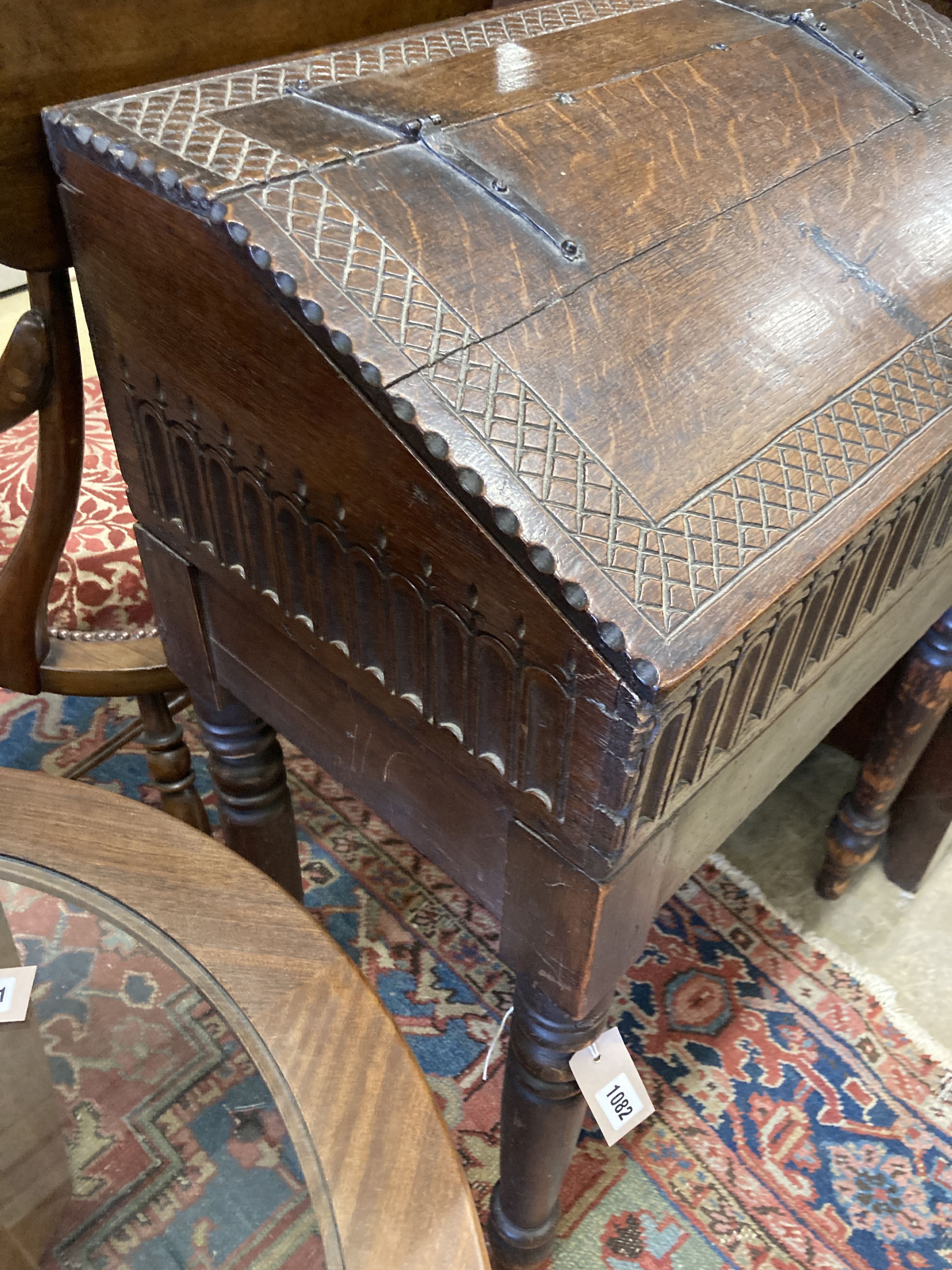 A 17th century oak slant front bible box, raised on a stand, width 61cm, depth 37cm, height 87cm - Image 3 of 4