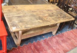 An 18th century French pine monks bench, width 160cm, depth 79cm, height 64cm