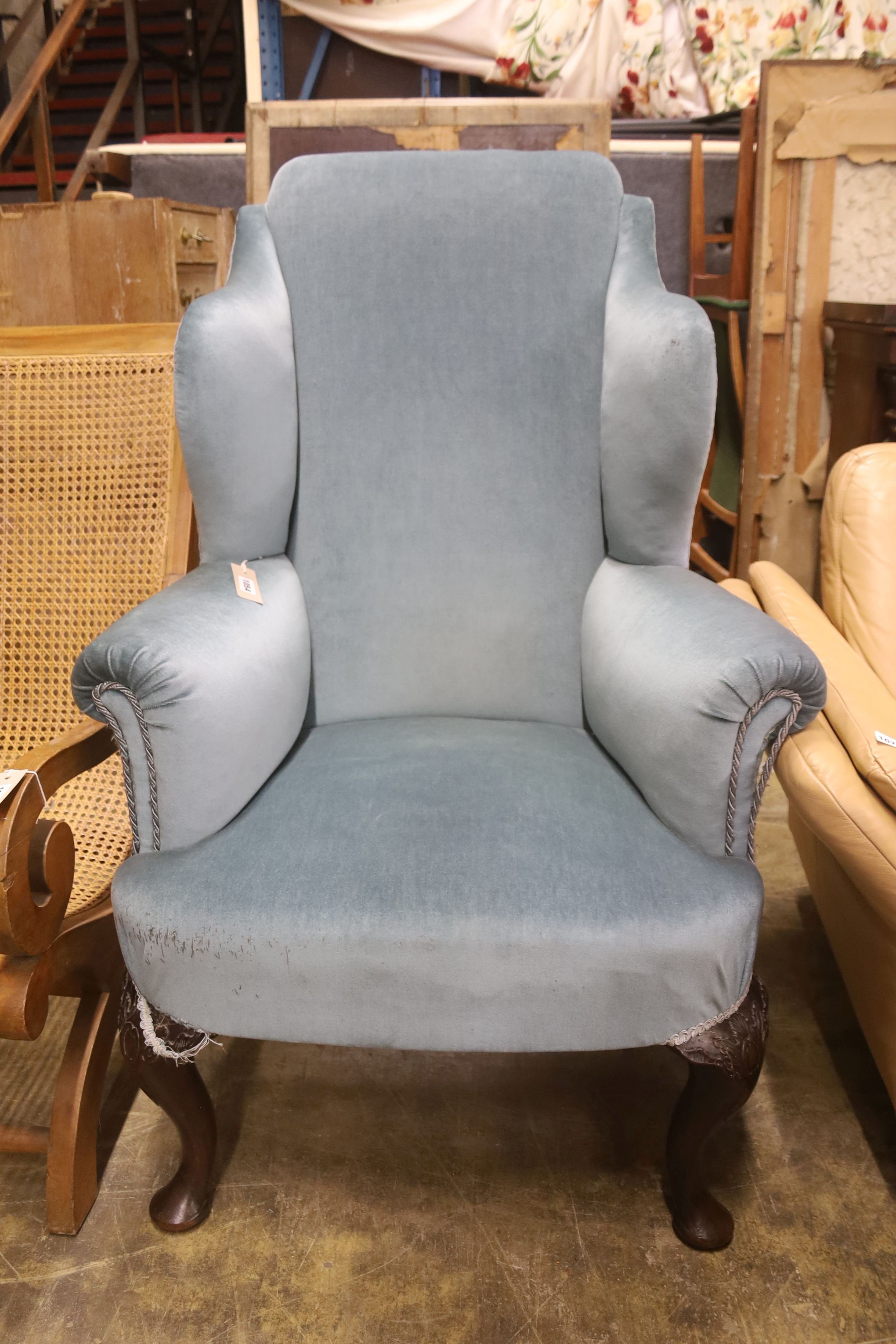 A 1920's Queen Anne style upholstered wing armchair, width 80cm, depth 70cm, height 121cm - Image 2 of 2