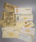 A collection of Confederate bank notes; 100, 50, 10, 5 and 1, together with 7 cheques and ephemera