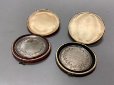 Two cased William IV silver medallions within graved inscriptions, maker JE Terry and Co, London