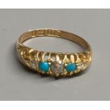 A late Victorian 18ct gold, three stone diamond and two stone turquoise set half hoop ring, size