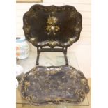 A large early Victorian papier mache tray on folding stand, 79 x 48cm, and a toleware tray