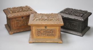 Three Chinese carved wood caskets, largest 17 x 13cm 12cm high