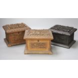 Three Chinese carved wood caskets, largest 17 x 13cm 12cm high