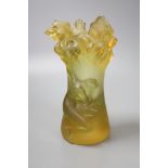An amber vase with a nude study in relief, apocryphal Daum mark, 24cm high