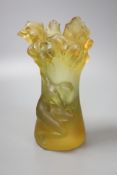 An amber vase with a nude study in relief, apocryphal Daum mark, 24cm high