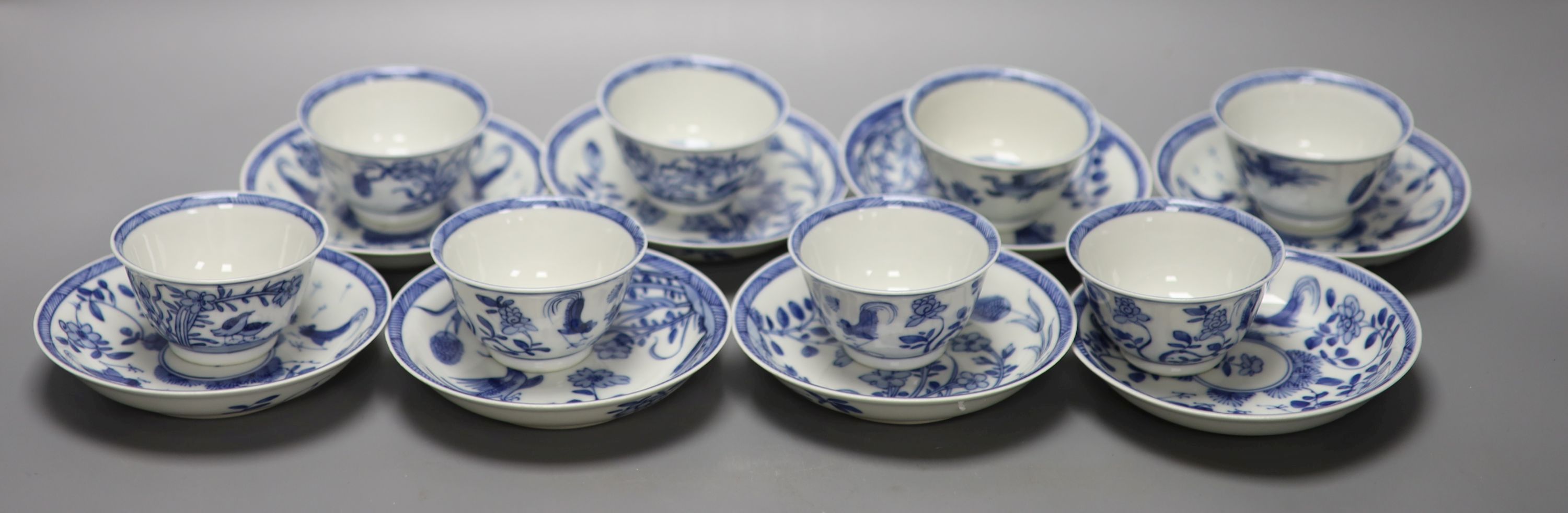 Five Chinese blue and white 'birds' tea bowls and four saucers and three 'chicken' tea bowls and