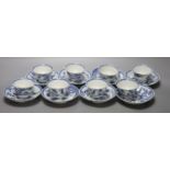 Five Chinese blue and white 'birds' tea bowls and four saucers and three 'chicken' tea bowls and