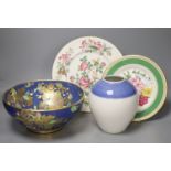 A Spode blue ground bowl, diameter 26cm, two cabinet plates painted with a floral bouquet and a
