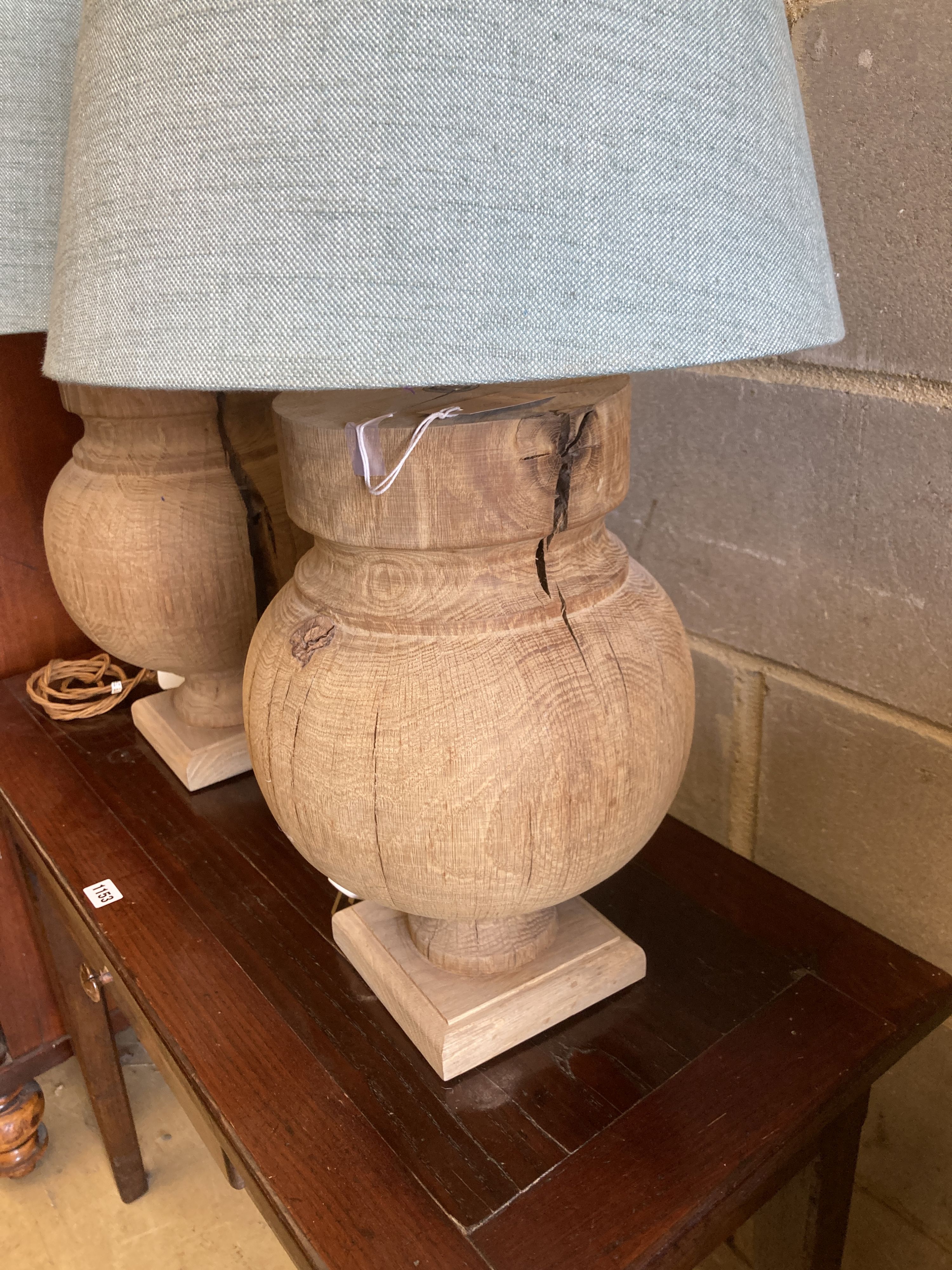 A pair of contemporary turned oak table lamps with shades, height 70cm - Image 3 of 4