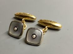 A pair of 18ct gold, pearl and mother of pearl cufflinks, gross 7.1 grams.