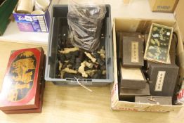Various cased ink blocks and moulded figural chess pieces