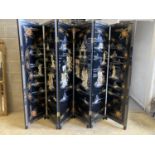 A 1920's - 30s Chinese inlaid mother of pearl six fold screen, each panel 45cm wide, height