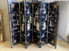 A 1920's - 30s Chinese inlaid mother of pearl six fold screen, each panel 45cm wide, height