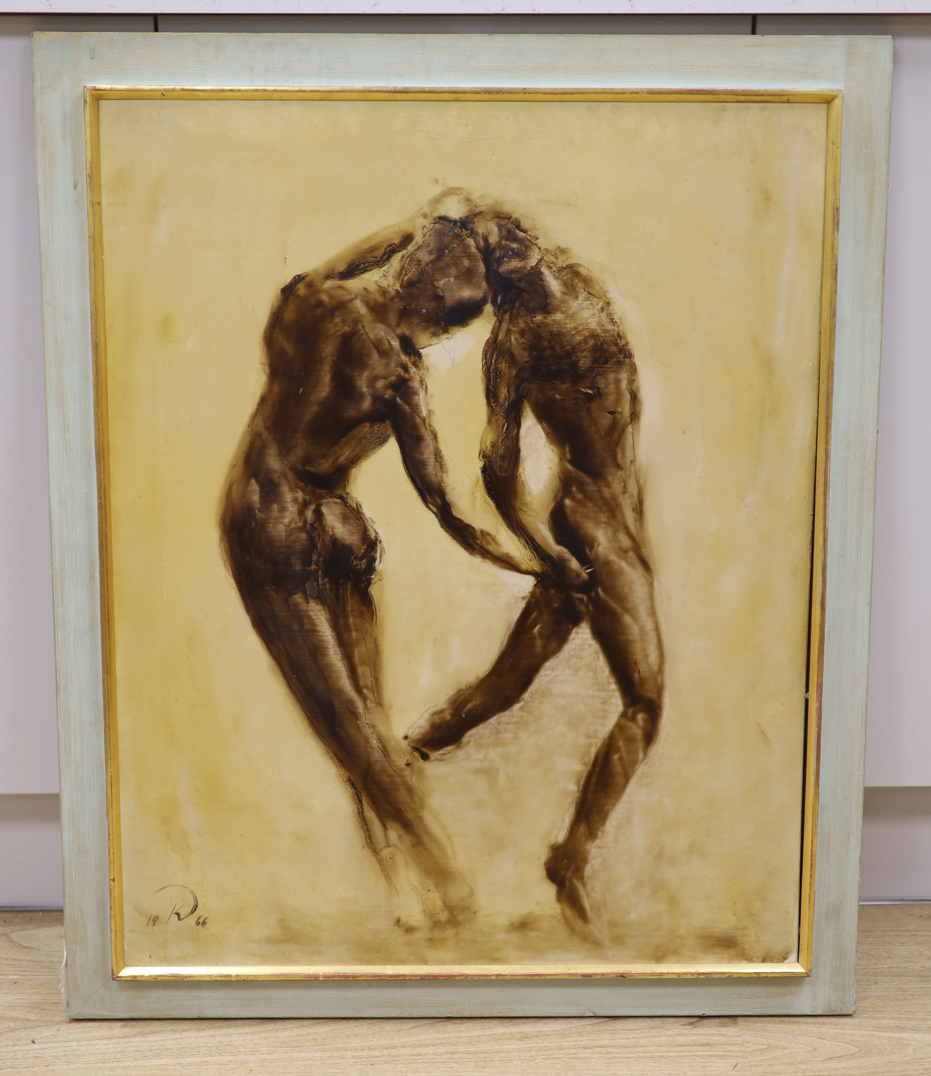 K.D., oil on board, Study of two dancers, signed and dated 1966, 76 x 61cm - Image 2 of 2